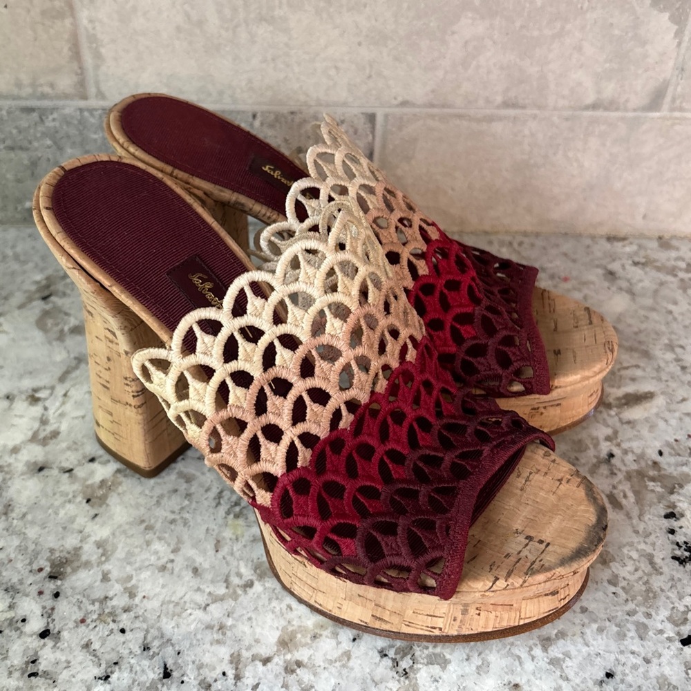 Salvatore Ferragamo Ombre Lace Cork Platform Mules - Red, Cream, Burgundy